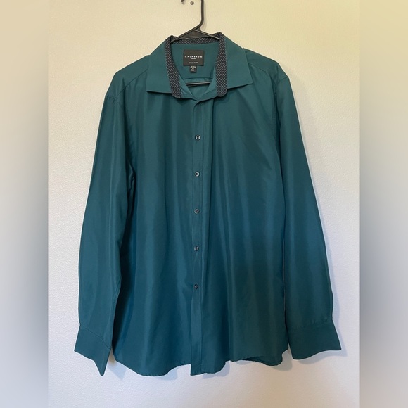 Calabrum | Men’s Regular Fit Dress Shirt Dark Teal Green Long Sleeve - Picture 6 of 8